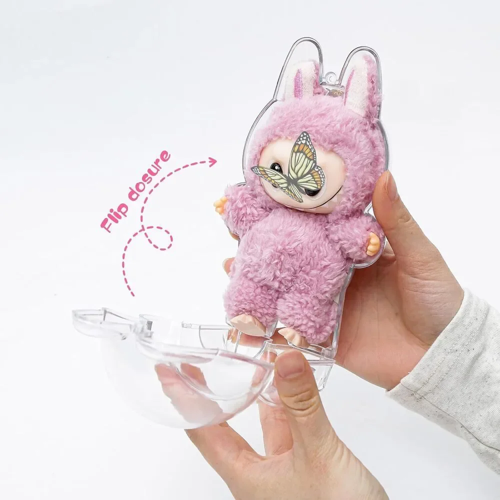 2PCS Clear Labubu Case Plastic Protective Cover with Keychain Doll Not Included